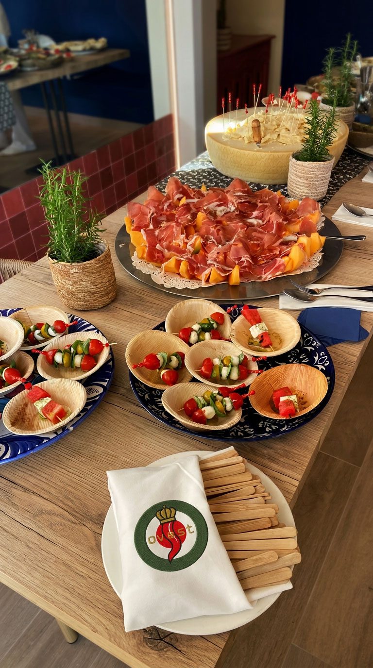 Antipasti italianos con jamón, melón y parmesano