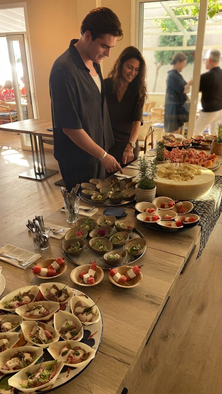 Buffet italiano con antipasti y parmesano en un evento privado