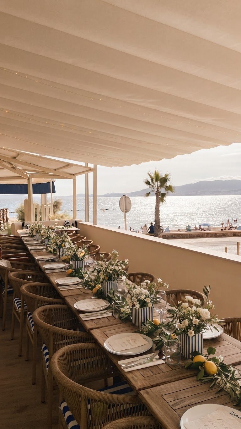 Mesa larga decorada con flores frente al mar en la terraza